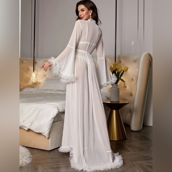 NWT Bridal White Mesh Robe Belted, Trumpet Sleeve, Long and Sheer, Ruffle - Picture 2 of 4